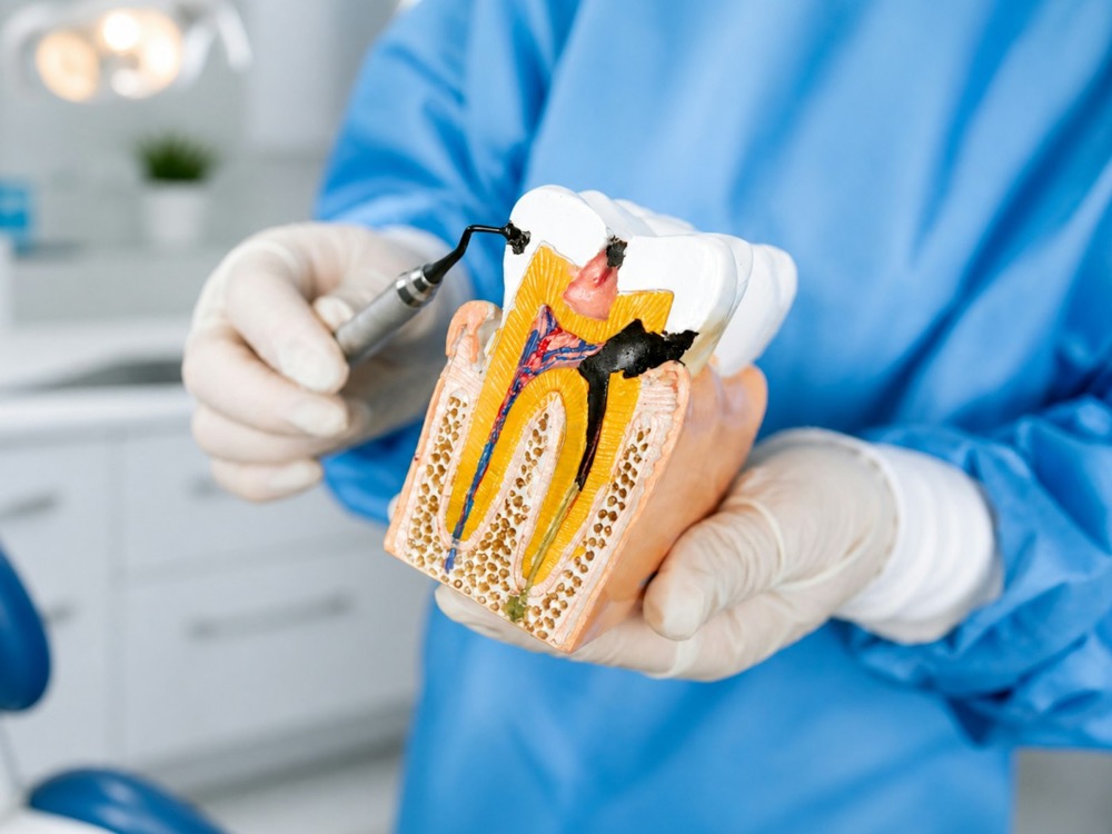Dentist showing a tooth model of root canal treatment